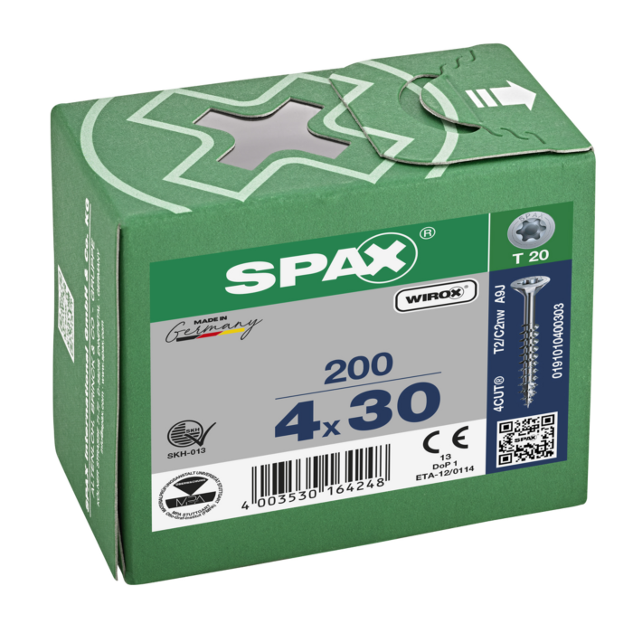 Spax spaanplaatschroeven T20 verzinkt 4 x 30 mm deeldraad 200 stuks