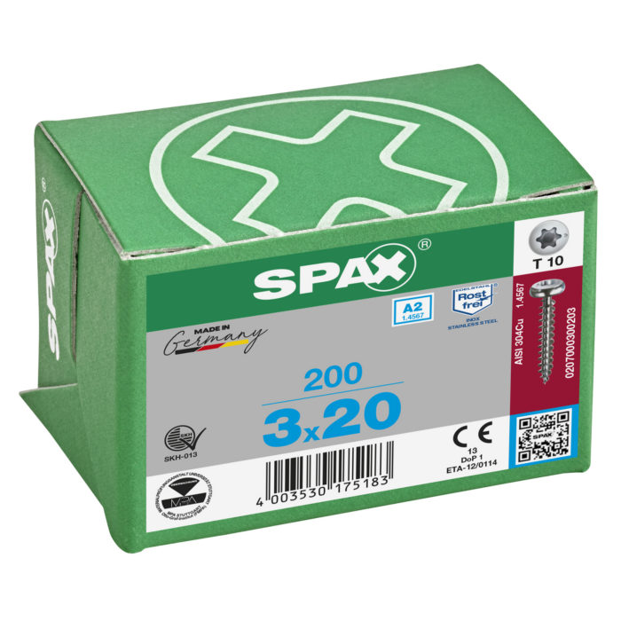 Spax spaanplaatschroeven T10 cilinderkop RVS A2 3 mm voldraad