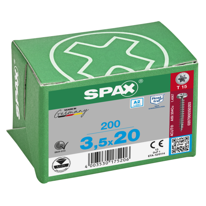Spax spaanplaatschroeven T15 cilinderkop RVS A2 3.5 x 20 mm voldraad 200 stuks