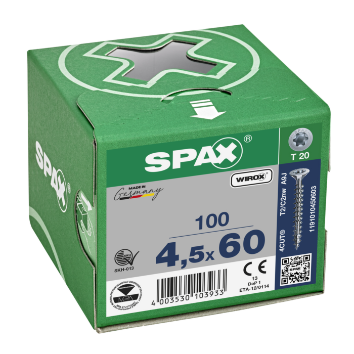 Spax spaanplaatschroeven T20 verzinkt 4.5 x 60 mm voldraad 100 stuks