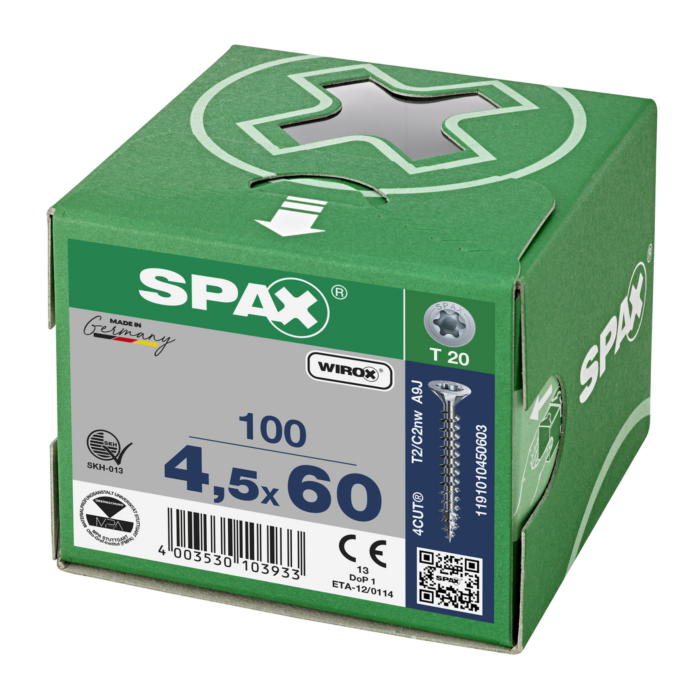 Spax spaanplaatschroeven T20 verzinkt 4.5 x 60 mm voldraad 100 stuks