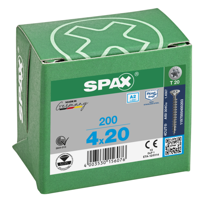 Spax spaanplaatschroeven T20 RVS A2 4 x 20 mm voldraad 200 stuks