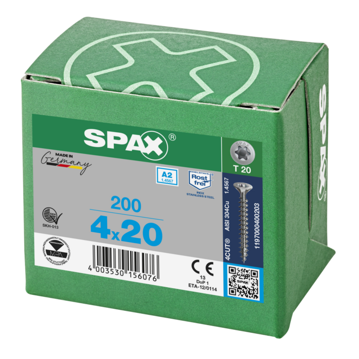 Spax spaanplaatschroeven T20 RVS A2 4 x 20 mm voldraad 200 stuks