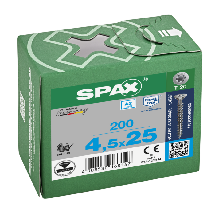Spax spaanplaatschroeven T20 RVS A2 4.5 mm voldraad