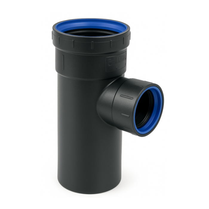 PP t-stuk zwart 2 x manchet / spie 110 mm x 50 mm 90° stromend