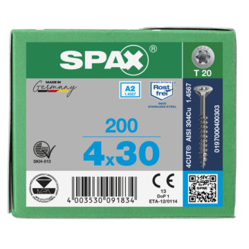 Spax spaanplaatschroeven T20 RVS A2 4 mm deeldraad