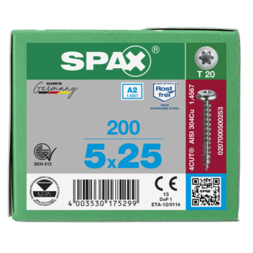 Spax spaanplaatschroeven T20 cilinderkop RVS A2 5 mm voldraad