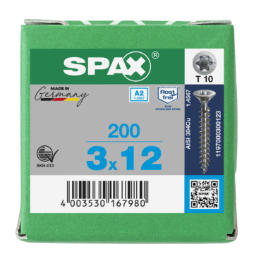 Spax spaanplaatschroeven T10  RVS A2 3 mm voldraad