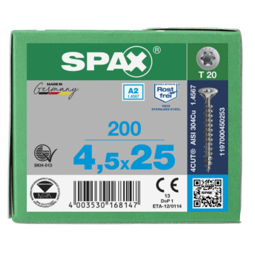 Spax spaanplaatschroeven T20 RVS A2 4.5 mm voldraad
