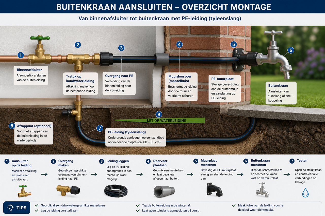 Montageschema voor het aansluiten van een buitenkraan met binnenafsluiter, T-stuk, PE-overgang, mantelbuis, PE-muurplaat, buitenkraan, tyleenslang en aftappunt